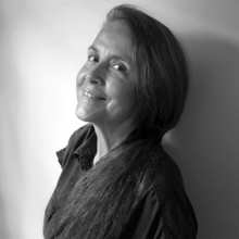 Headshot of Naomi Shihab Nye in black and white